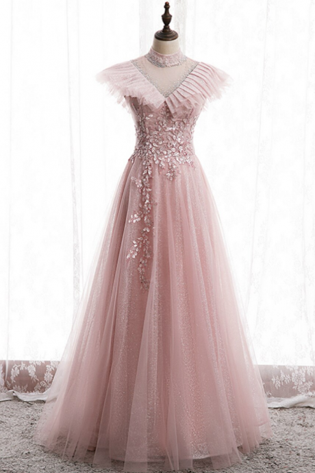 Tulle Sequins High Neck Backless Appliques Prom Dress