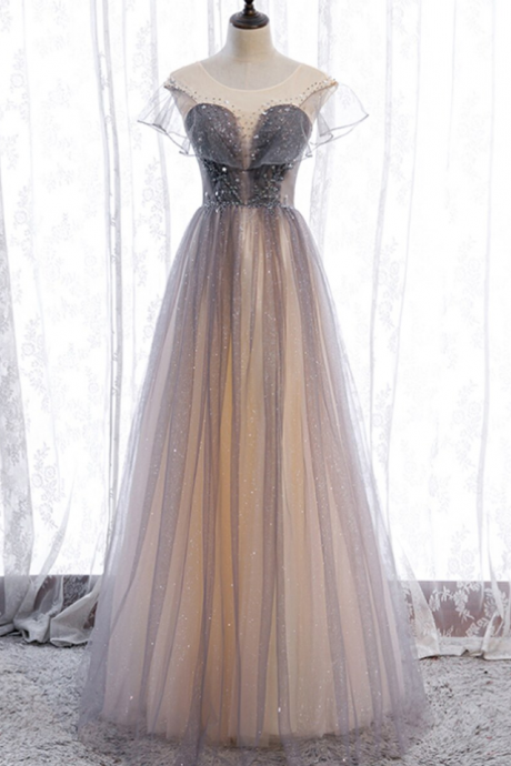 Tulle Scoop Sleeve Beading Sequins Prom Dress