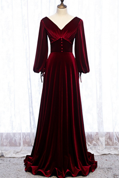 Dark Burgundy Velvet Long Sleeve V-neck Pleats Prom Dress