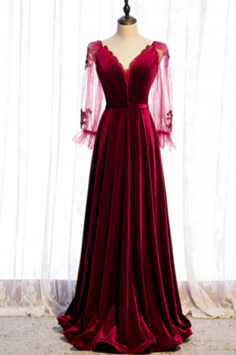 A-line Burgundy Velvet Long Sleeve V-neck Prom Dress