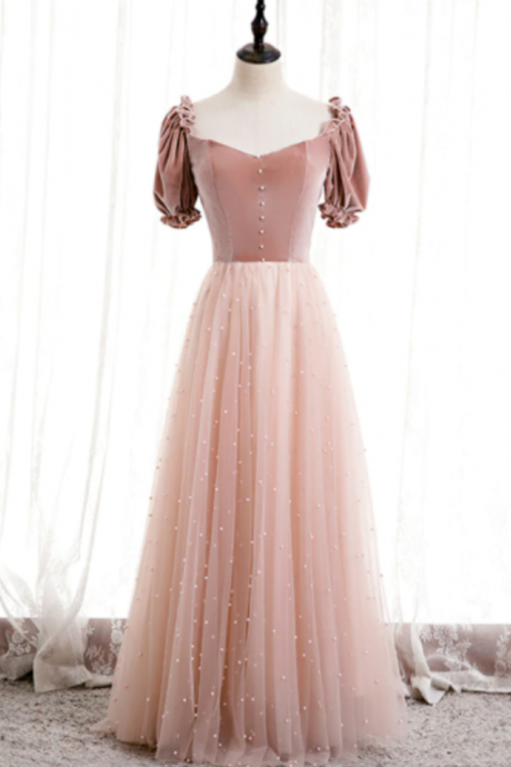 Tulle Velvet Short Sleeve Square Pearls Prom Dress