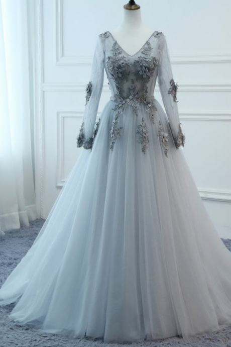 Long Sleeve Dress Evening Dresses Floral Tulle Appliques Dress A-line Women Formal Party Gown Fashionable Bride Gown