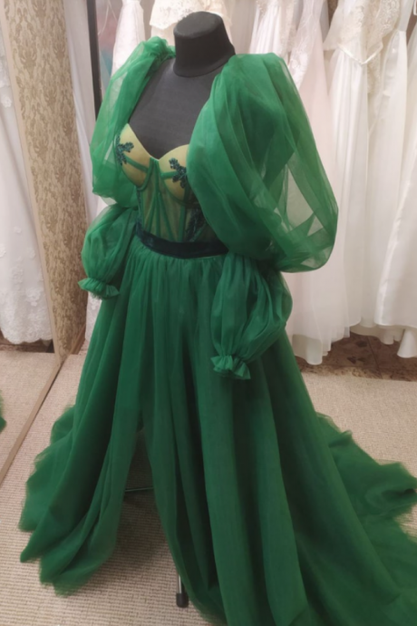 Puff Sleeve Dress, Bridesmaid Dress, Green Tulle Lace Dress, Princess Simple Dress, Evening Dress, Cocktail Dress, Feminine Party Dress