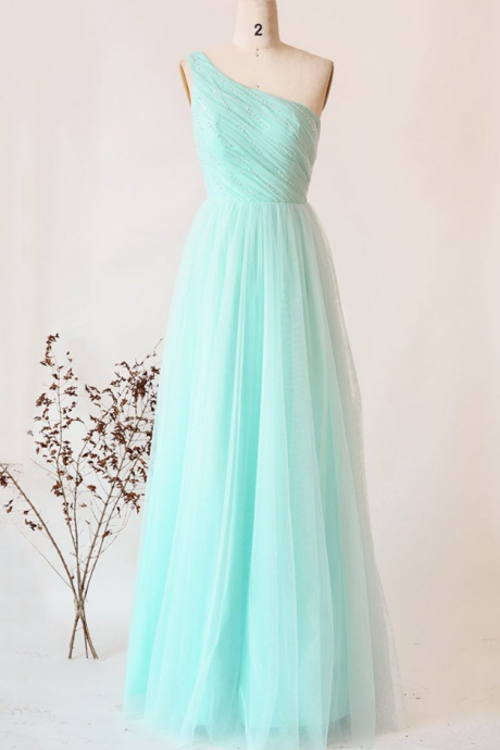 One Shoulder Tulle With Beaded Prom Dress, Simple Floor Length Wedding Party Dress, Maxi Dresses