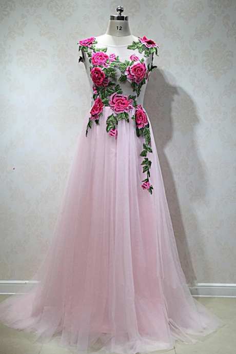 Tulle Long Sheer A-line Senior Prom Dress With Appliqué, Tulle Party Dress