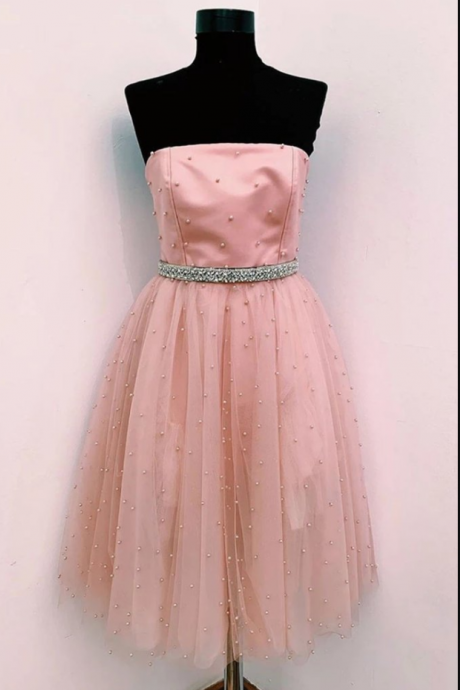 Cute A Line Strapless Beaded Pink Short Prom Dress Homecoming Dress, Strapless Pink Formal Graduation Evening Dress