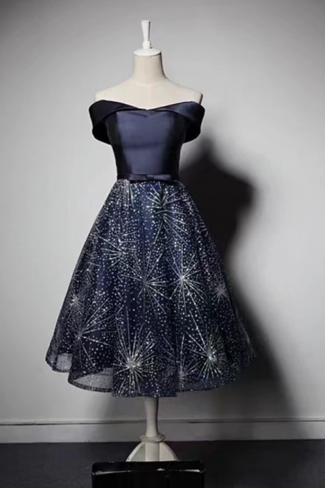 Off Shoulder Navy Blue Dress, Lace Bronzing Tulle Evening Dress, Fashion Long Bouffant Dress,custom Made