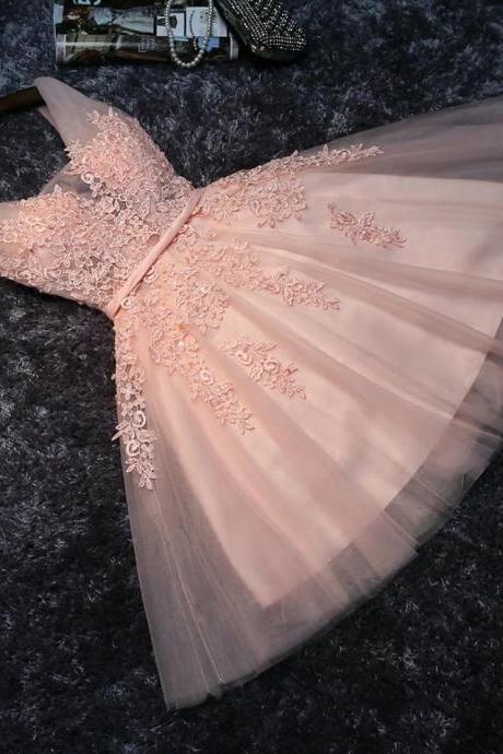 Elegant Pearl Pink Prom Dresses 2020 Sexy Prom Dress Short V Neck Appliques Beading Lace Up Knee-length Graduation Party Gowns