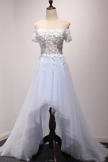Light Blue Off Shoulder Flowers High Low Party Dress, Tulle Formal Dress