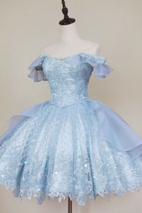 Vintage Blue Lace Homecoming Dresses,off The Shoulder Homecoming Dresses