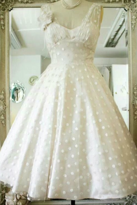 Vintage Polka Dots Tea Length Bridal Dresses,v-neck Sleeveless Backless Wedding Dresses