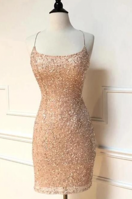 Elegant Peach Sequins Homecoming Dress With Spaghetti Straps