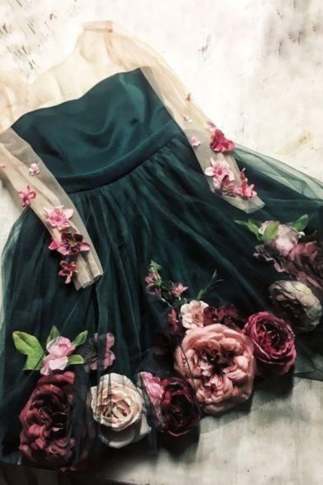 Chic Hand-made Flower Cute Homecoming Dresses Long Sleeve Short Prom Dress