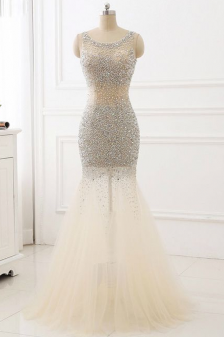 Beaded Prom Dresses Mermaid Tulle Scoop Evening Party Dress