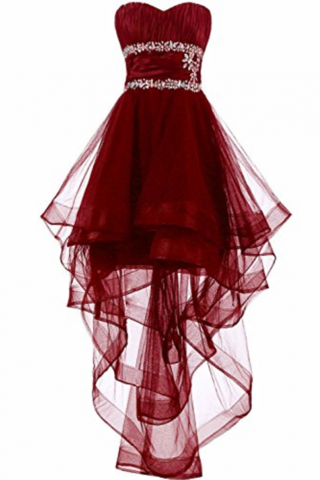 Charming Prom Dress, High Low Prom Dresses, Sleeveless Party Dress,burgundy Tulle Prom Gown