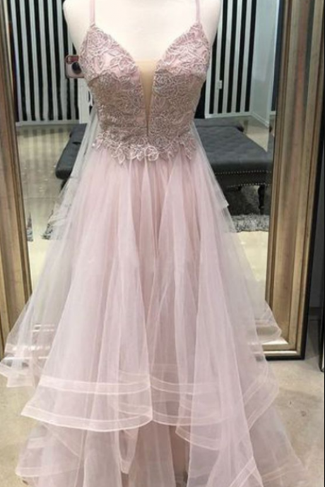 Pink Lace Tulle Spaghetti Straps Lace Up Back Prom Dresses
