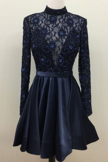 Dark Blue Lace Short Prom Dress, Lace Cute Homecoming Dress