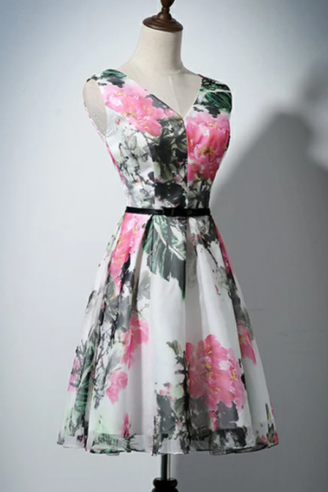 Arrival V Neck Flowers Printed Fabric Short Prom Dress Homecoming Dresses For Party