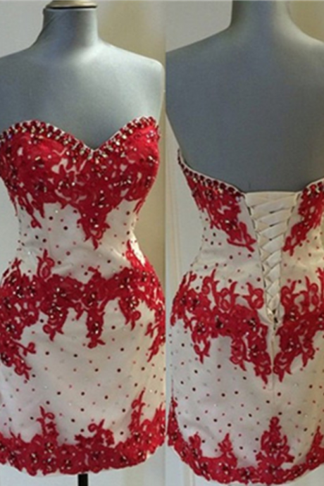 Red Lace Homecoming Dresses,Mermaid Sweetheart Homecoming Dress,Beaded Lace Up Short Prom Dresses,Party Dresses