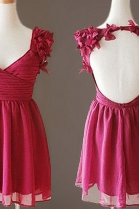 Lovely Rose Red Short Party Dress With Flower, Short Reception Dresses, Wedding Party Dresses