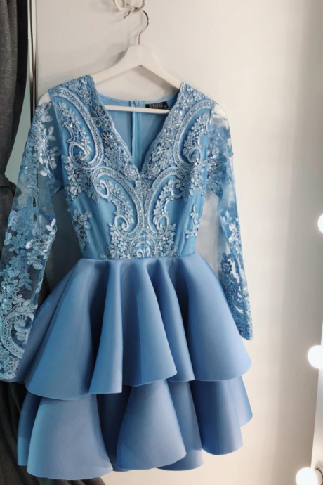 Baby Blue V Neck Lace A Line Homecoming Dresses Long Sleeves Applique Tiered Layers Short Party Cocktail Prom Dresses