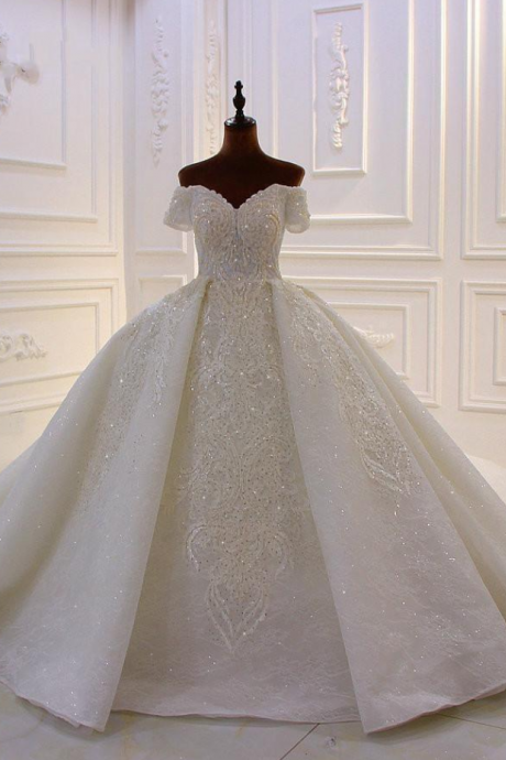 Ball Gown Wedding Dresses Court Train Lace Appliqued Beads Sequin Overskirt Wedding Dress Off Shoulder Custom Made Country Bridal Gowns