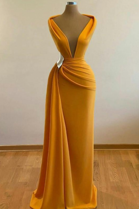 Yellow Mermaid Prom Dresses Deep V Neck Satin Sexy Evening Dress 2022 Cocktail Party Sweep Train Formal Occasion Wear