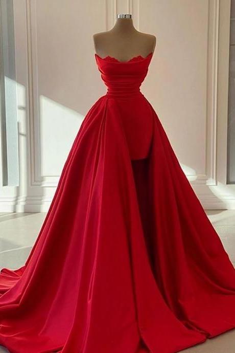 Red Long Evening Gowns 2021 Detachable Train Formal Dresses Woman Party Night Sweetheart Satin Vestidos De Fiesta Prom Dress