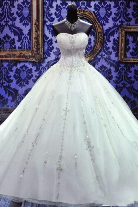 New Ball Gown Crystals Princess Wedding Dresses Sweetheart Neck Lace-up Back Luxury Beading Wedding Bridal Gowns