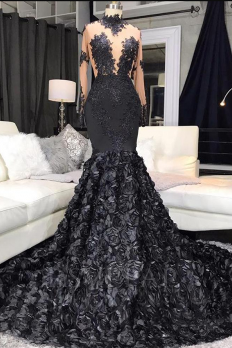 Sexy Black Mermaid Long Prom Dresses 2020 See Through Top Appliques 3D Flowers Long Sleeve African Girl Prom Dresses