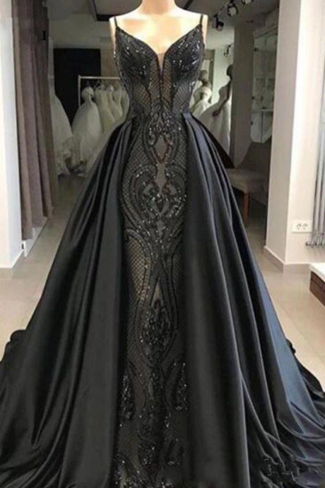 Black Spaghetti Straps Lace Mermaid Long Prom Dresses with Satin Over skirts Floor Length Formal Party Evening Gowns