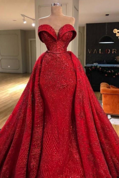 Shiny Red Overskirts Prom Dresses Appliques Sweetheart Mermaid Evening Dress vestidos de novia Plus Size Celebrity Party Gowns