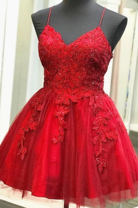 Lace Appliques Homecoming Dresses Spaghetti Straps Beaded Short Prom Dress Mini Cocktail Party Gowns Sweet 16 Graduation Dresses