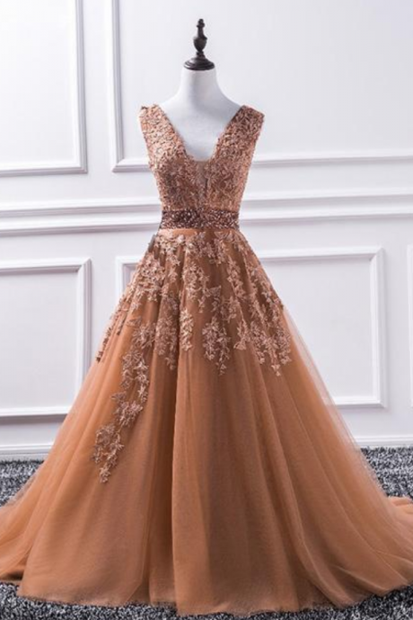 Champagne Tulle Prom Dress, Lace Long Prom Dress, V-neck Prom Dress