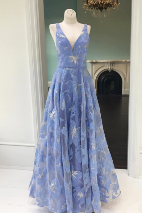 Simple prom dress,blue prom dresses,floral prom dress,lace prom gown,V neck prom dresses,long prom dress