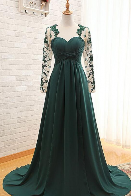Long Sleeved Prom Dress,green Sheer Prom Dress,chiffon Prom Dress,ruched A-line Long Prom Dress,sexy Evening Dress