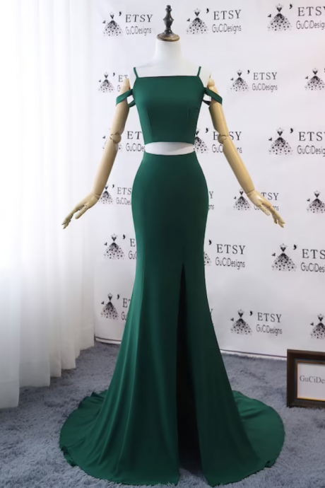 Fit Flare Sheath Prom Dresses Two Piece Spaghetti Off Shoulder Emerald Green Women Formal Evening Party Dresses Bridesmaid Girl Party Dress
