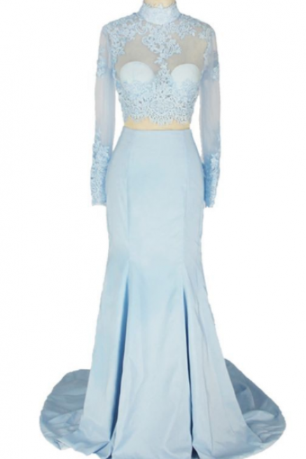 Two Piece Blue Prom Dress , Satin Prom Dress
