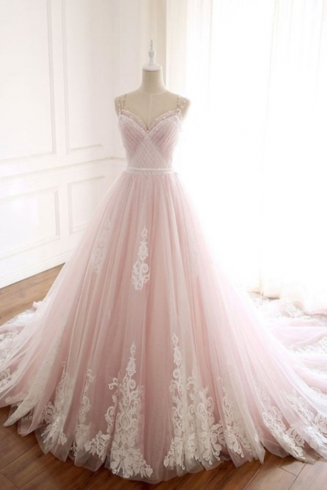Charming Pink Tulle Appliques Prom Dresses, Long Evening Dress, Sexy Prom Dress