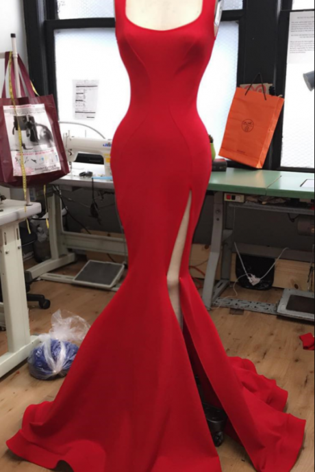 Long Red Jersey Prom Dress,elegant Formal Dress,slit Prom Dress,red Evening Gowns