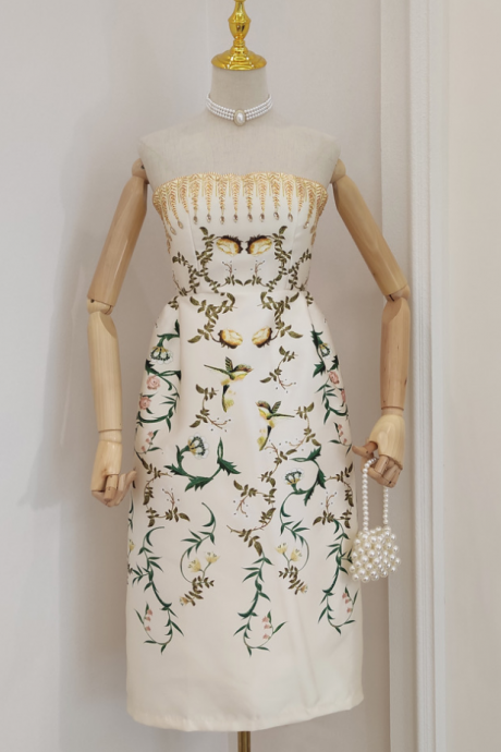 New,printed dress, strapless party dress, slim dress with handmade bead