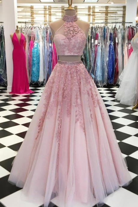 Two Piece Pink Tulle Lace Long Prom Dress, Party Dress, High Neck Pink Long Prom Dress With Open Back