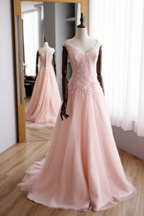 Cap Sleeves Pink V-neck Beautiful Charming Long Prom Dress