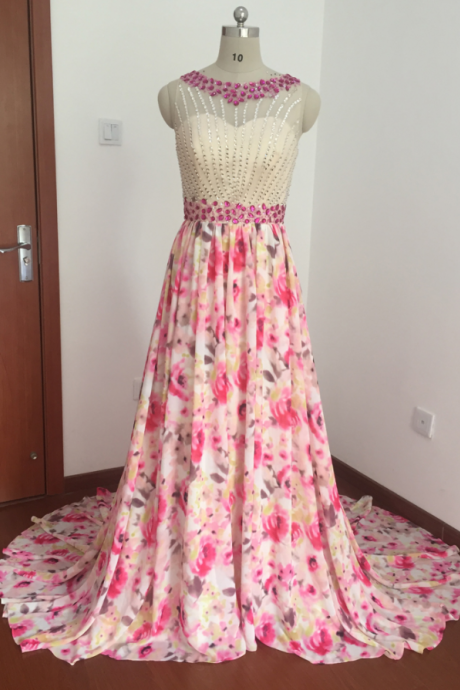 Real Picture Prom Dresses, Print Prom Dresses, Print Flowers Prom Dresses, Flower Prom Dresses, Crystal Prom Dresses, Print Evening Dresses,