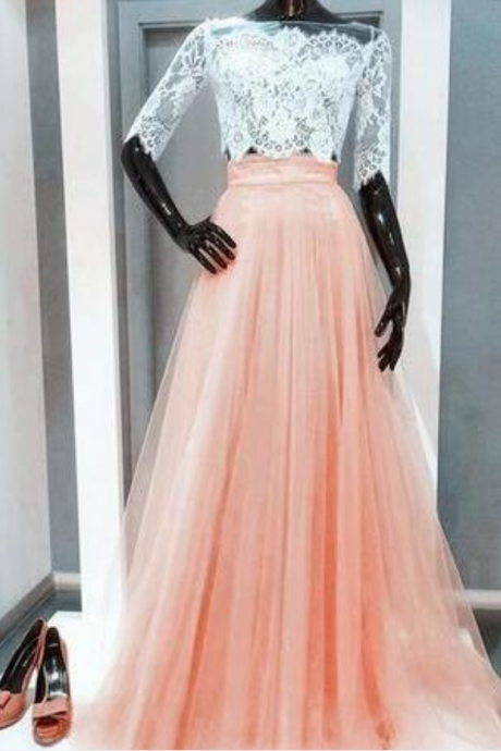 Fashion A Line Two Pieces Lace Prom Dress Floor Length Prom Party Gowns , Plus Size Women Pageant Gowns