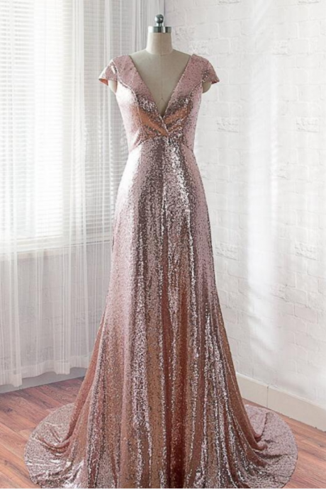 Sexy A Line Rose Gold Sequin Long Prom Dress Floor Length Prom Party Gowns Custom Made Pageant Gowns