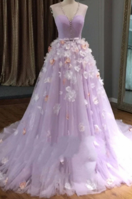 Prom Dresses Tulle V-neck Long 3d Flower Lace Long Evening Dresses