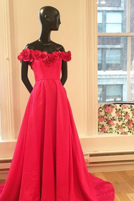 Off The Shoulder A-line Red Long Prom Dress With Handmade Flower