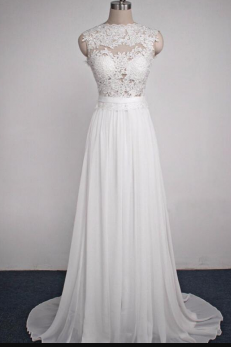 Simple White Long Chiffon Prom Dress with Lace Applique, White Prom Dresses, Evening Gowns