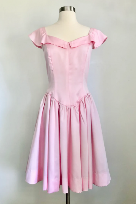 Vintage 80s Pink Dress with Drop Waist | Pleated Skirt Princess Dress | 1980s Ballerina Prom Dress Size Medium Handmade with Petticoat